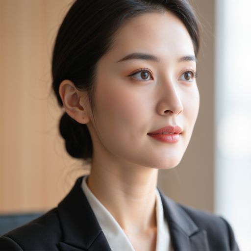 三十岁左右女性头像，表情温和，穿着职业装，眼神坚定，体现自信和感激之情