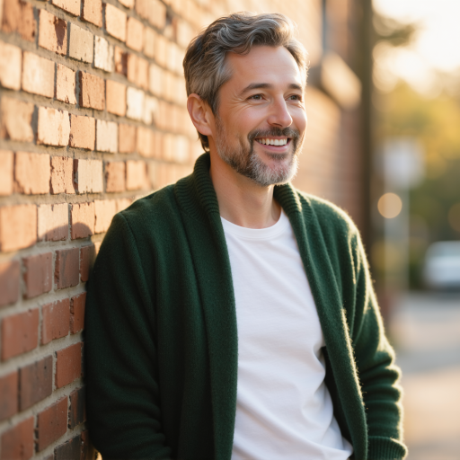 四十岁左右男性头像，表情诚恳，穿着休闲服装，眼神充满感激，体现家庭幸福的满足感